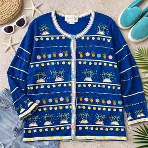 Just B Womens Blue Tropical Embroidered‎ Sequin Cardigan Sweater XL Palm Tree